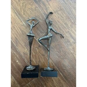 Vintage Metal Ballerina Dancers Sculptures Pair Black Pedestal Base Art Decor